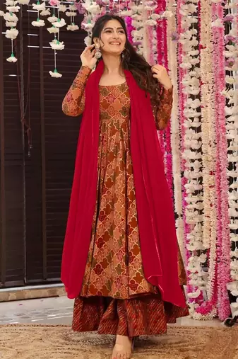 Multicolor digital printed muslin anarkali palazzo set with dupatta
