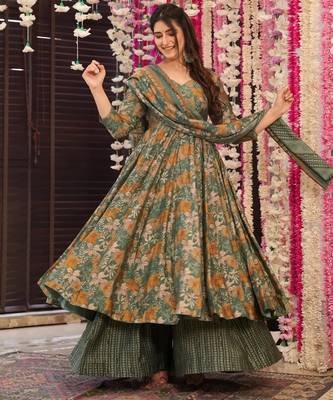 Multicolor digital printed muslin anarkali palazzo set with dupatta 1