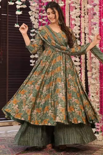 Multicolor digital printed muslin anarkali palazzo set with dupatta