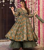 Multicolor digital printed muslin anarkali palazzo set with dupatta