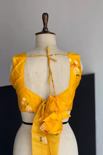 mustard organza printed lehenga choli with free size upto 44