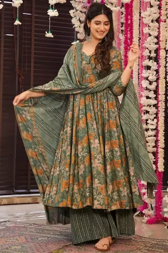 Multicolor digital printed muslin anarkali palazzo set with dupatta