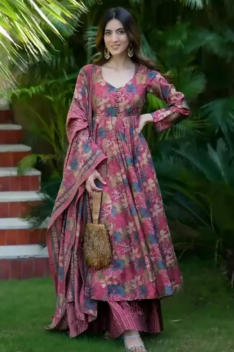 Multicolor digital printed muslin anarkali palazzo set with dupatta