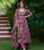 Multicolor digital printed muslin anarkali palazzo set with dupatta