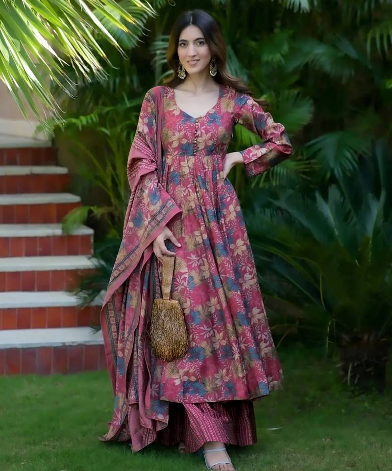 Multicolor digital printed muslin anarkali palazzo set with dupatta