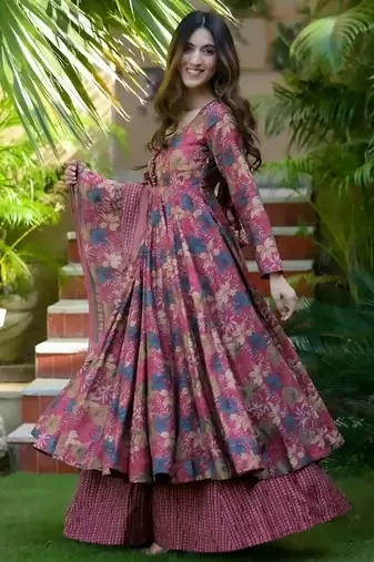 Multicolor digital printed muslin anarkali palazzo set with dupatta