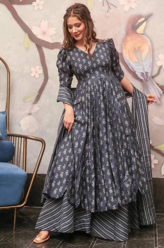 Grey digital printed muslin anarkali palazzo set with dupatta