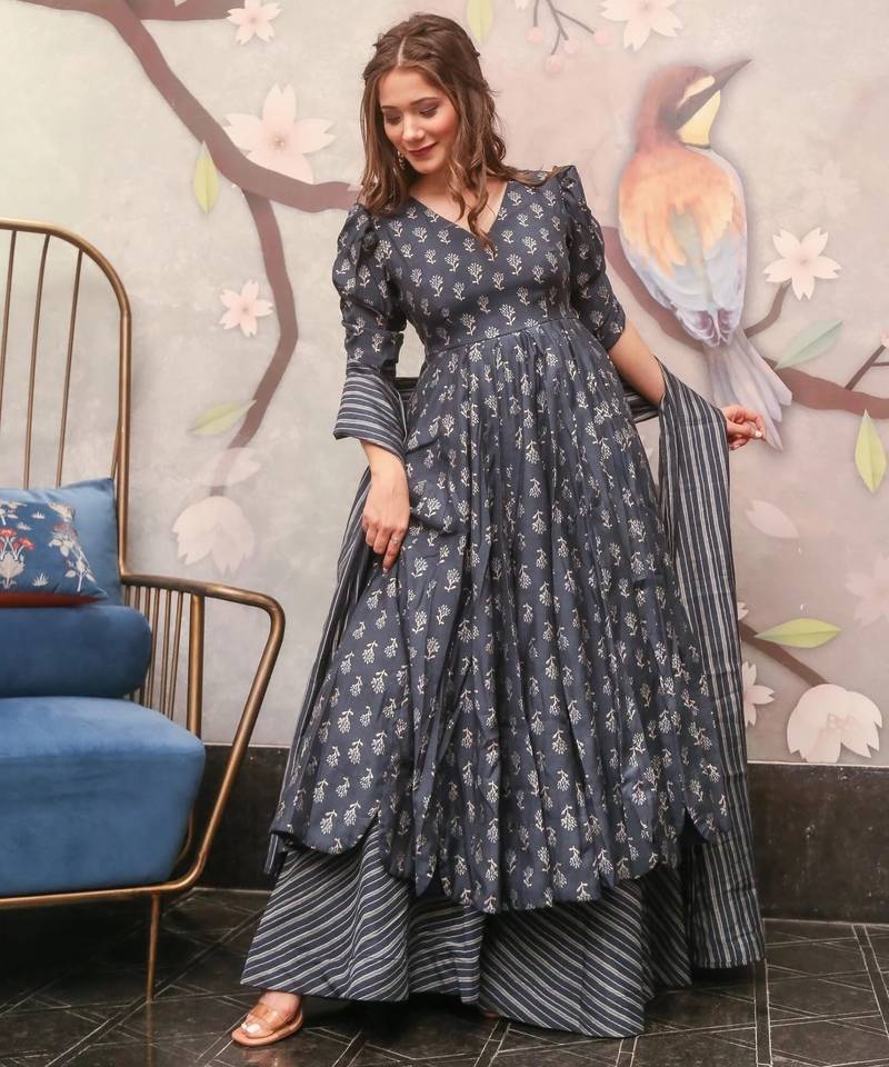 Grey digital printed muslin anarkali palazzo set with dupatta