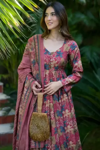 Multicolor digital printed muslin anarkali palazzo set with dupatta