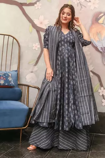 Grey digital printed muslin anarkali palazzo set with dupatta