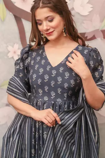 Grey digital printed muslin anarkali palazzo set with dupatta