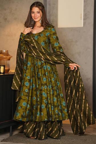 Green digital printed muslin anarkali palazzo set with dupatta