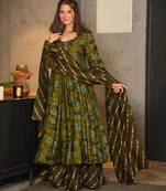 Green digital printed muslin anarkali palazzo set with dupatta