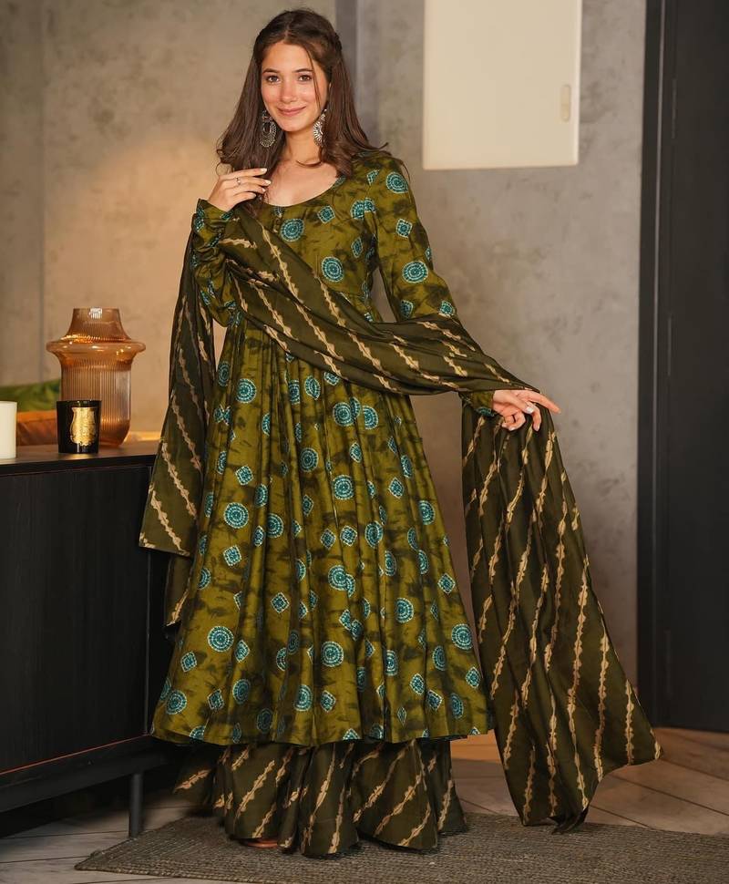 Green digital printed muslin anarkali palazzo set with dupatta