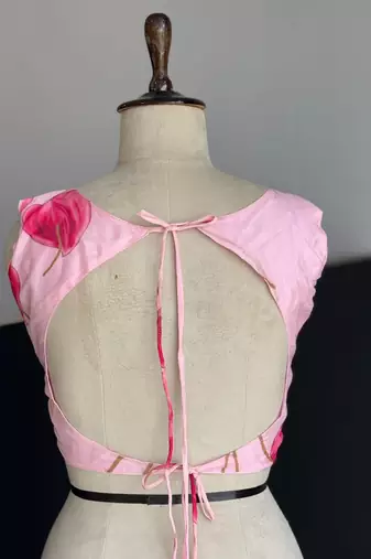 baby pink organza printed lehenga choli with free size upto 38