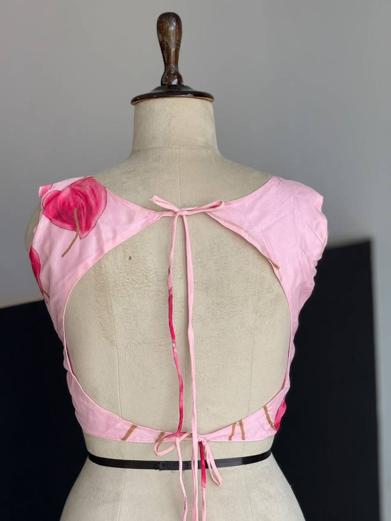 baby pink organza printed lehenga choli with free size upto 38