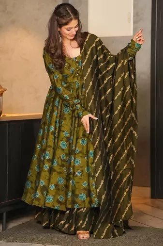 Green digital printed muslin anarkali palazzo set with dupatta