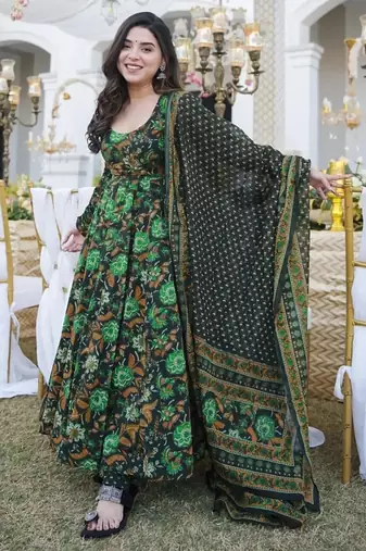 Multicolor digital printed muslin anarkali palazzo set with dupatta