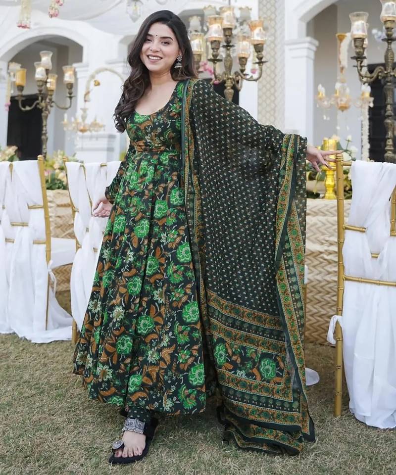 Multicolor digital printed muslin anarkali palazzo set with dupatta