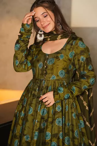Green digital printed muslin anarkali palazzo set with dupatta