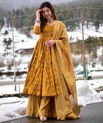 Mustard digital printed muslin anarkali palazzo set with dupatta 1