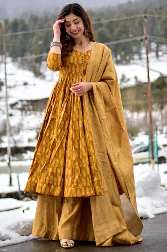 Mustard digital printed muslin anarkali palazzo set with dupatta