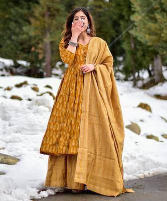 Mustard digital printed muslin anarkali palazzo set with dupatta 2