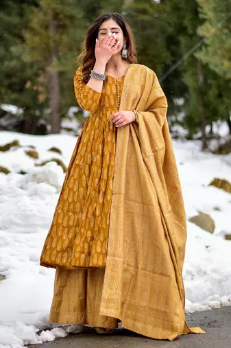 Mustard digital printed muslin anarkali palazzo set with dupatta