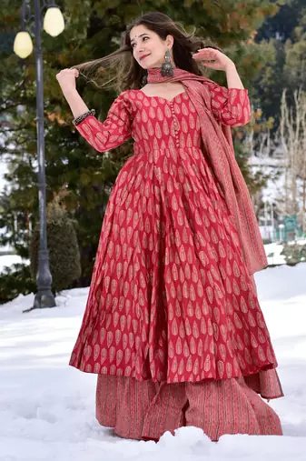 Crimson red digital printed muslin anarkali palazzo set with dupatta