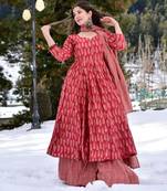 Crimson red digital printed muslin anarkali palazzo set with dupatta