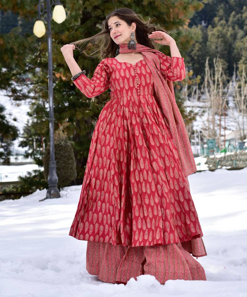 Crimson red digital printed muslin anarkali palazzo set with dupatta