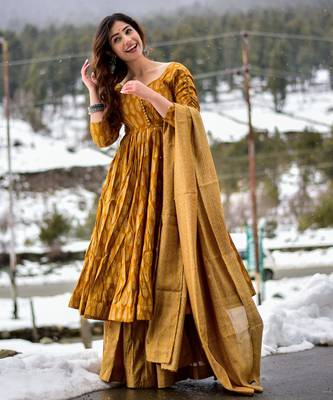 Mustard digital printed muslin anarkali palazzo set with dupatta 3
