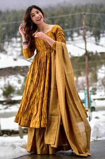 Mustard digital printed muslin anarkali palazzo set with dupatta
