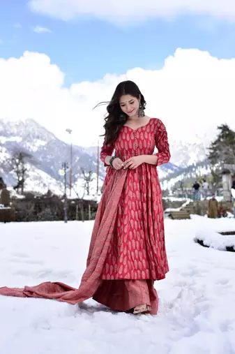 Crimson red digital printed muslin anarkali palazzo set with dupatta
