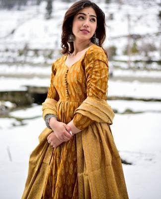 Mustard digital printed muslin anarkali palazzo set with dupatta 4