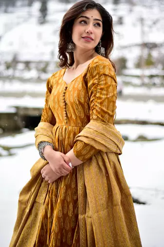Mustard digital printed muslin anarkali palazzo set with dupatta