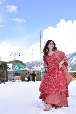 Crimson red digital printed muslin anarkali palazzo set with dupatta 3