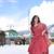 Crimson red digital printed muslin anarkali palazzo set with dupatta