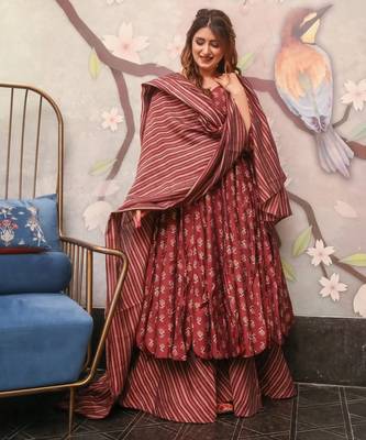 Maroon digital printed muslin anarkali palazzo set with dupatta 1