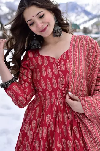 Crimson red digital printed muslin anarkali palazzo set with dupatta