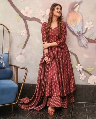 Maroon digital printed muslin anarkali palazzo set with dupatta 2