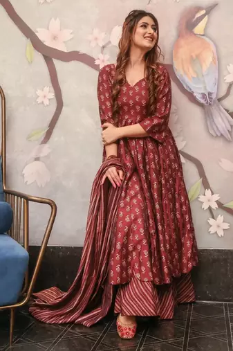 Maroon digital printed muslin anarkali palazzo set with dupatta