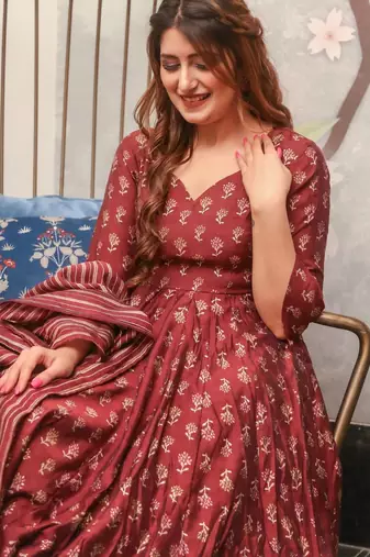 Maroon digital printed muslin anarkali palazzo set with dupatta