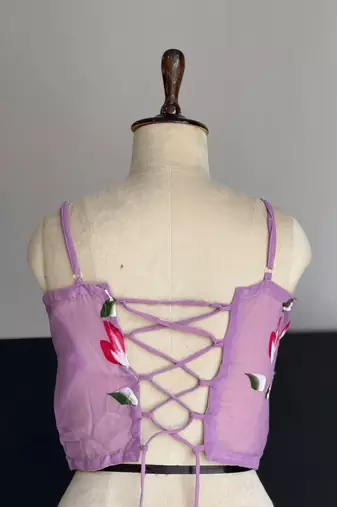 lavender georgette printed lehenga choli with free size upto 38