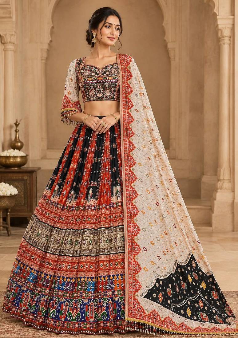 White Black Navratri Lehenga Choli With Dupatta