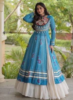 White&Sky Cotton Readymade Navratri Lehenga Choli with Bandhej & Patch Work 1