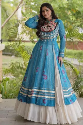 White&Sky Cotton Readymade Navratri Lehenga Choli with Bandhej & Patch Work