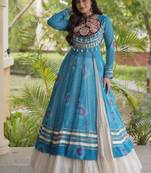 White&Sky Cotton Readymade Navratri Lehenga Choli with Bandhej & Patch Work