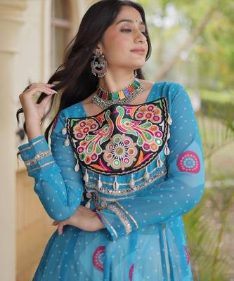 White&Sky Cotton Readymade Navratri Lehenga Choli with Bandhej & Patch Work 2