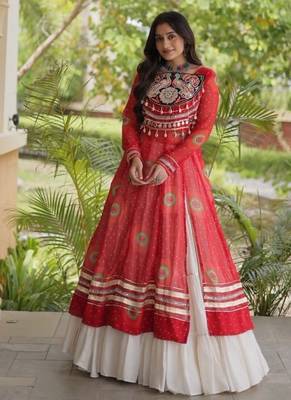 White&Red Cotton Readymade Navratri Lehenga Choli with Bandhej & Patch Work 1